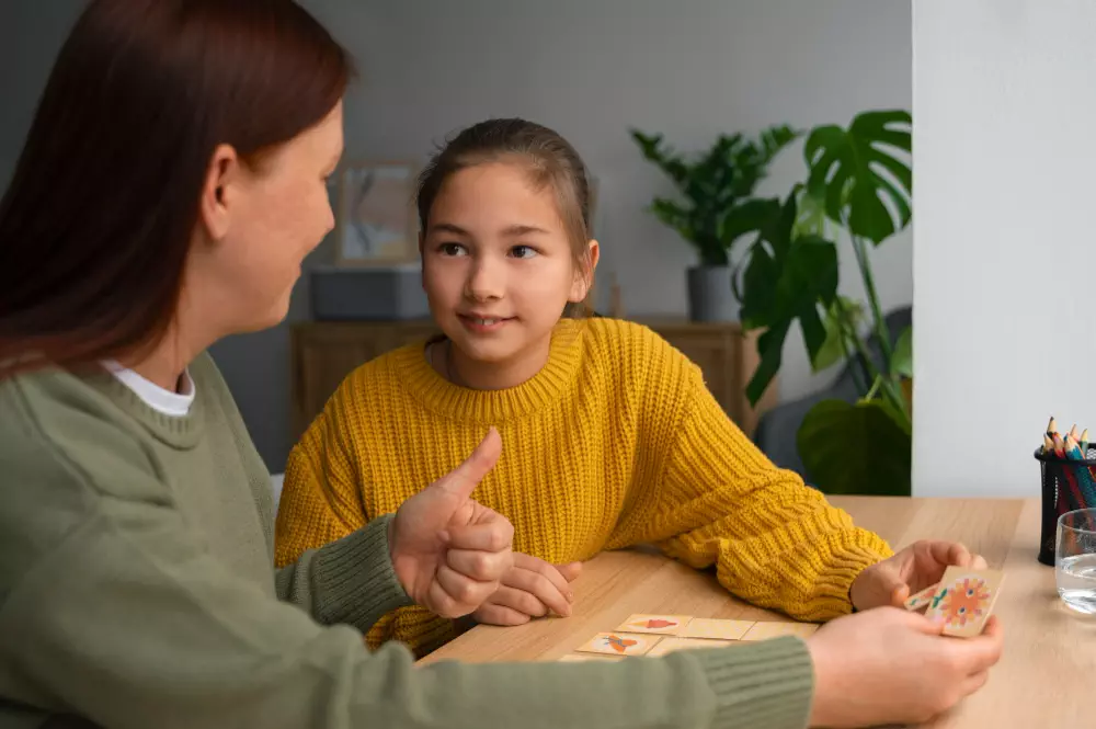 medium shot woman girl playing memory game